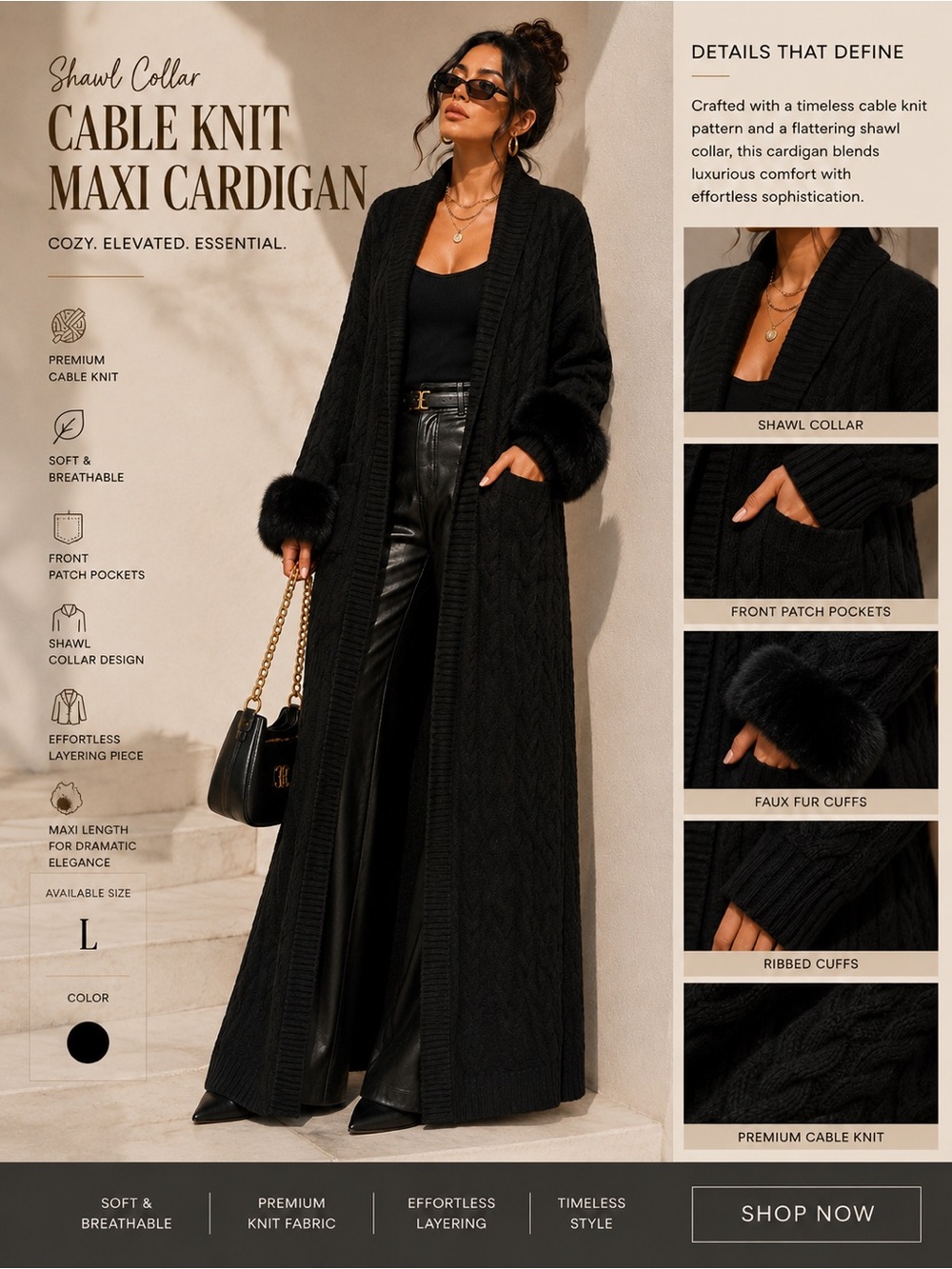Zara Black Cable-Knit Shawl-Collar Maxi Cardigan with Faux Fur Cuffs